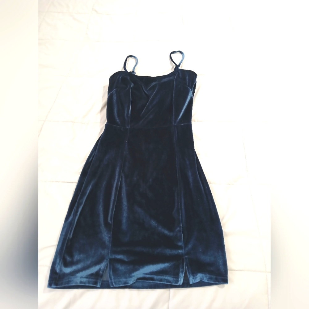 Blue Spaghetti Strap Mini Dress Size Small Velour - Picture 6 of 8